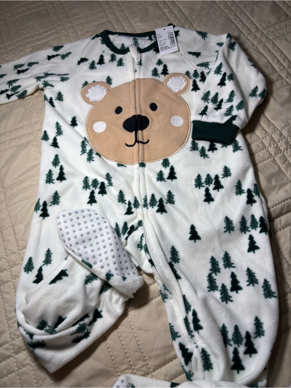 Children's Place 12-18M White Fleece One-Piece with Green Tree Print and Tan Bea